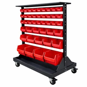 Mobile Double-Sided Storage Bin Rack - 104 Red Plastic Bins