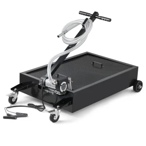 57L Low Profile Oil Drain Pan with 12V Electric Pump (7m Lift), 2.2m Hose, Mesh Filter & Locking Casters