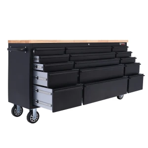 72" Tool Cabinet Workbench 15 Drawer Tool Chest on Wheels Wooden Top Heavy Duty Garage Tool Storage