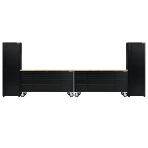 72” Powder Coated Black Roller Tool Cabinet System with 30 Drawers & 2 x 24” Tall Storage Cabinets