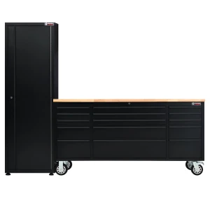 72” Powder Coated Black Roller Tool Cabinet with 15 Drawers & 1 x 24” Tall Storage Cabinet